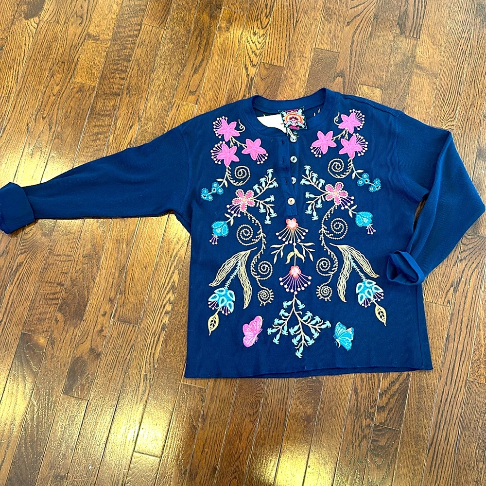 Johnny Was Navy Floral Embroidered Blouse
